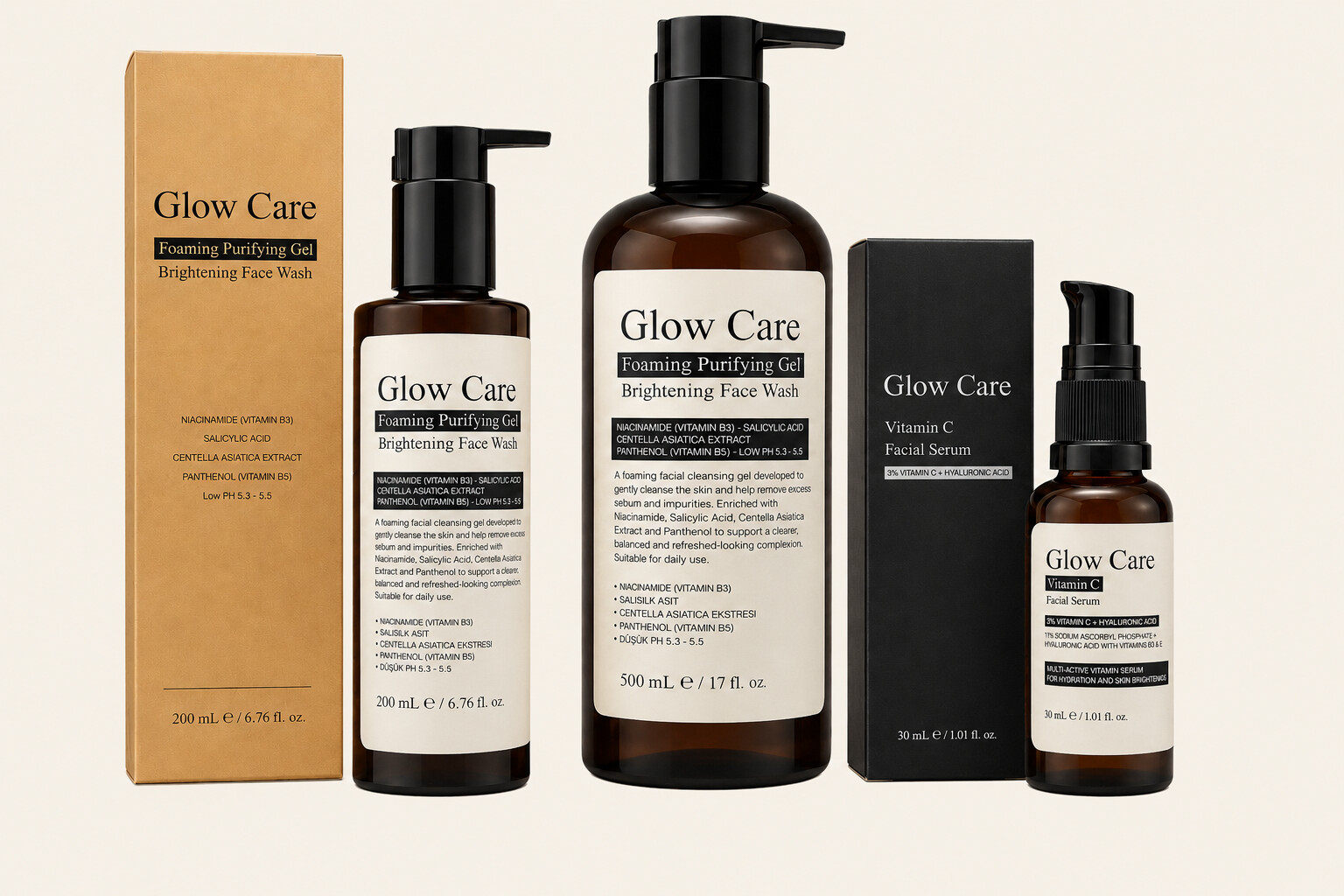Glow Care line: Foaming Purifying Gel in 200 and 500 millilitre bottles with outer cartons, and Vitamin C Facial Serum with black carton