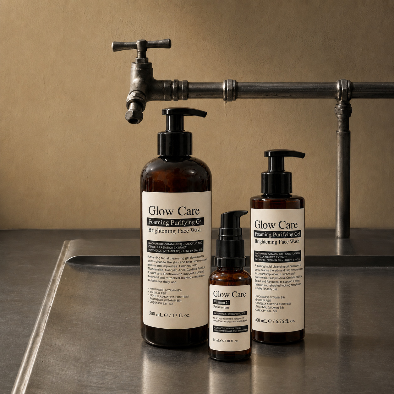 Glow Care Foaming Purifying Gel in 500 and 200 millilitre bottles with Vitamin C Facial Serum beneath an industrial tap